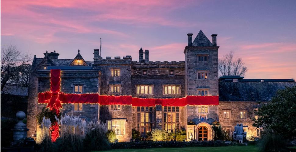 A photograph of the exterior of Boringdon Hall Hotel at Christmas.